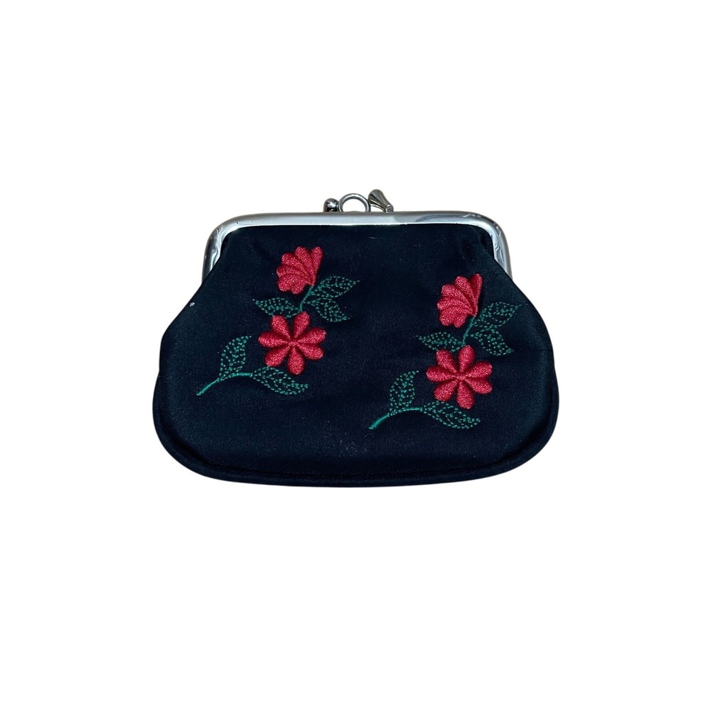 Vintage Black Satin Floral Embroidered Kiss Lock Double Coin Purse Pouch Small